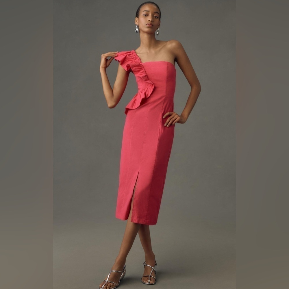 Anthropologie One-Shoulder Ruffle Linen Column Midi Dress size XL new in pink